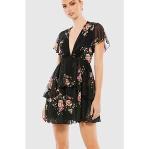 Mac Duggal Ieena Floral Chiffon Mini Dress, 12, Shimmer, Black, NWOT
